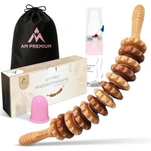 KIT PRO MADEROTHERAPIE ANTI-CELLULITE-Rouleau courbé Bois + Ventouse +HUILE Bio Made in France anti-cellulite. Résultat visible en 3 semaines- STOP cellulite au ventre+Cuisses+Bras (ABM Premium, neuf)