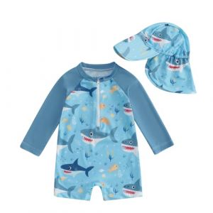 XIXIMAON Maillot de Bain Bébé Garçon Anti-UV Combinaison Natation Manches Longues et Chapeau de Bain Ensemble Piscine Plage Plongée Surf (Bleu Clair Requins, 12-18 Months) (qiyuesheng, neuf)