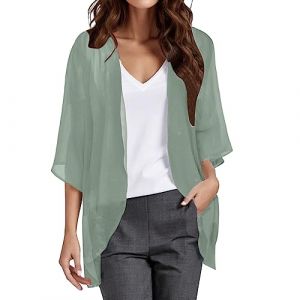 Cardigan Mousseline Boléro Femme Court Soie Gilet Été Chic et Elegant 3/4 à Manches Évasées Boléro Veste Léger Plage Châle pour Robe T Shirt Décontracté Soirée Cérémonie Cardigan Manches Longues (UoUa1245, neuf)