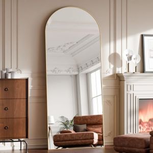 BEAUTYPEAK Miroir sur pied, motif arc, 142 x 52 cm, corps entier, bombé, à poser ou à accrocher au mur, avec support, pour chambre, salon ou dressing, doré (VOOBANG, neuf)