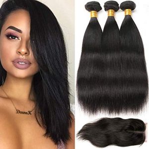 Tissage bresilien en lot avec closure meches bresiliennes tissage humain lisse cheveux bresilien tissage boucle tissage extension 100g/pc cheveux 16 18 20+14 pouces (Langxi ritai shop, neuf)