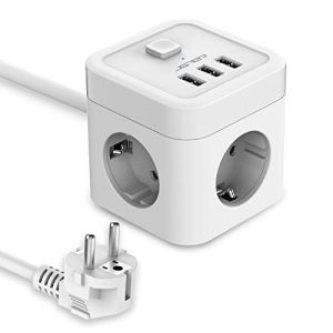 JSVER USB Cube Multiprise 3 Prises avec 3 USB Chargeur (5V3,1A/15,5W) Bloc Multiprise 3680W 16A avec Interrupteur Cable 1,5m pour Maison, Cuisine, Bureau-Blanc (JsverDirect, neuf)