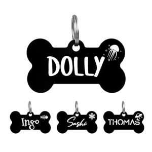 Médaille noire ronde pour chien, médaille personnalisée avec nom et adresse gravés, médaille pour collier de chien avec gravure laser blanche. (Os avec symbole) (Nicovang, neuf)