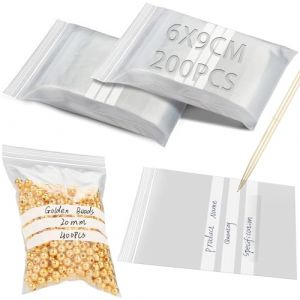 200 Pièces Sachet Zip 6x9cm Pochon Plastique avec Panneau d'Écriture Sachet Transparent Sachet Plastique Transparent Zip Refermables Pochette Zip pour Ranger des Échantillons Nourriture Bijoux (WangJiaYuan, neuf)