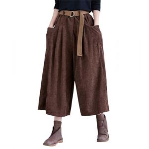 Pantalon court en velours c&ocirc;tel&eacute; &agrave; jambes larges et taille haute &eacute;lastique pour femme, jean baggy barrel pour femme, jupe-culotte avec ceinture, pantalon de d&eacute;tente, marron, L (AJJDOET, neuf)