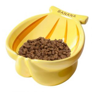 TIGOADT Gamelle Sur&eacute;lev&eacute;e en C&eacute;ramique pour Chat, Bol Inclin&eacute;e Banane adapt&eacute; au Chat, Large et Peu Profonde &agrave; Gamelle avec Support, Anti-Vomissement Id&eacute;al pour Chatons et Chats &Acirc;g&eacute;s (Jaune) (Boasail, neuf)