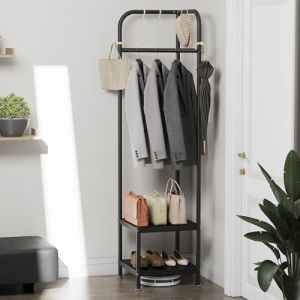 ZHYOCOGY Porte manteau en métal, petit porte-manteau, portant à vêtements autoportant avec 2 étagères et crochets, tringle à vêtements pour chambre, entrée (noir) (YOCOGY, neuf)