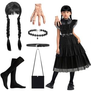 LGZIN D&eacute;guisement Mercredi Enfants, Costume de Mercredi Fille, Robe Mercredis Fille, Gothique Lolita Robe avec Perruque Ceinture Chaussettes Collier Sac Fake Hand pour Halloween Carnaval (120) (JHA-EU, neuf)