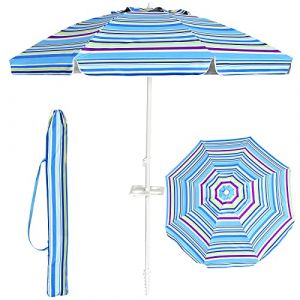 KOMFOTTEU Parasol de Plage 200 cm avec Porte-gobelet, Parasol Pliable avec Sac de transportdes, Parasol Rond, ajustable de deux Côtés à 30°, pour Terrasse, Balcon, Jardin (Rayures bleu clair) (Komfort GmbH, neuf)