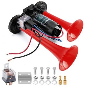 Klaxon à Air 12 V 118 dB pour Camion, Kit de Klaxon à Air Double Trompette Super Puissant avec Compresseur pour Tous les Véhicules 12 V, Camions, Trains, Bateaux, Voitures, Camionnettes (Rouge) (Madera UK, neuf)