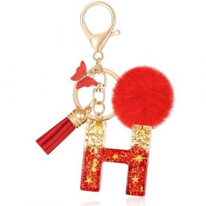 MWOOT Initiale Letter Keychains Porte Cl&eacute; Lettre H,Alphabet Initial Keyring avec Papillon Pompon Pendentif,Rouge Feuille D'or Key Ring pour Femmes Portefeuilles Sac &agrave; Main Bagages Charme(H) (vetpw, neuf)