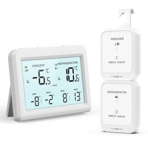 ORIA Thermomètre de Réfrigérateur, Thermomètre de Congélateur Numérique avec 2 Capteurs Sans Fil, Thermomètre de Réfrigérateur d'Alarme avec Ecran LCD, ℃/℉, Min/Max, 2 Options de Montage pour Maison (SuionEU, neuf)