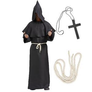 BIQIQI Deguisement Moine, Deguisement Halloween Homme Prister Robe Frère Médiéval Capot Encapuchonné Renaissance Moine Costume de Soutane de Moine avec Croix et Corde à la Taille (S) (mingqiwangluokeji, neuf)