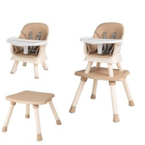 LIFEZEAL 6 en 1 Chaise Haute Bébé évolutive en PP, Charge 25 kg, Chaise Repas Enfant Convertible 6 mois-6 ans, Plateau Réglable, Housse Amovible, Table Chaise Bebe, Harnais de Sécurité (Marron) (LIFEZEAL ITALY S.R.L., neuf)