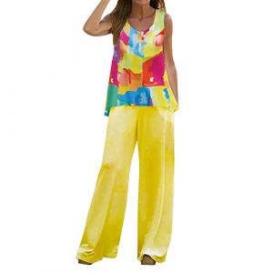 Ensemble Femme Pantalon et Haut Ensemble Femme Chic et Elegant 2 Pièces avec Gilet Débardeur Top sans Manches et Pantalon Large Ensemble Femme Ete Amle Légères de Loisirs Veste Tailleur Femme (Sunliney, neuf)