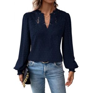 TUUHAW Tee Shirt Manche Longue Femme Chemisier Femme Chic et &Eacute;l&eacute;gant Automne Boh&egrave;me Col en V Tunique Fluide &agrave; Point T-Shirts Suisse Chemise Volants D&eacute;contract&eacute; Blouses Loose Hauts Bleu Marine M (TROFANO, neuf)