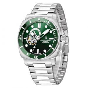 Pagani Design 1736 Montre m&eacute;canique Automatique Tourbillon Japon NH39 Verre Saphir Bracelet en Cuir 200 m Montre de plong&eacute;e Sport pour Homme, Acier Vert (PAGRNE DESIGN WATCHES STORE, neuf)