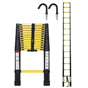 Lospitch Échelle télescopique avec Crochet Amovible, échelle en Aluminium Extensible de 4,4 m, échelle en Aluminium Multi-usages Extensible, échelle Pliante télescopique, Noir Jaune (UAB LONAKA, neuf)