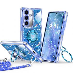 XYZ Coque pour Samsung Galaxy S24 / S25, Housse de T&eacute;l&eacute;phone Brillante Bling &agrave; Strass avec Support C&oelig;ur &agrave; 2 Anneaux & Lani&egrave;re, Coque Antichoc Luxueuse pour Femmes pour Samsung Galaxy S24 / S25,Bleu (XYZ Direct, neuf)