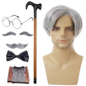 xowwyue Ensemble de perruques de vieil homme, cosplay de vieil homme - Bonnet de perruque avec lunettes en canne, Faux sourcils, moustache, nœud papillon, 8 pièces/ensemble - Perruque canne de marche, (yueyhc, neuf)