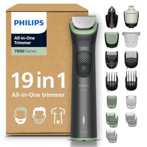 Philips Multigroom série 7000 Tondeuse tout-en-un 19 accessoires – tondeuse pour barbe, cheveux et corps, lames en métal auto-affûtées, 26 hauteurs de coupe (0,5-20 mm), modèle MG7962/30 (CosVault Europe ✓, neuf)