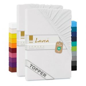 Lavea&reg; Lot de 2 Draps-Housses pour Surmatelas/Topper 180x190/200 cm &ndash; Jersey 100% Coton &ndash; pour Surmatelas Jusqu&rsquo;&agrave; 12 cm &ndash; avec &Eacute;lastique Tout Autour &ndash; Blanc (B&D Textiles, neuf)