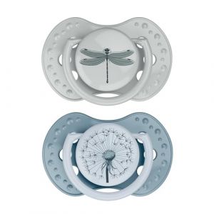 Difrax LOVI Tétine 6-18 mois - Sucette Dynamique pour Bébé - Bleu & Vert - 2 Piéces - Facile à Accepter, Sans BPA, Silicones de haute qualité et durables (Difrax LOVI, neuf)