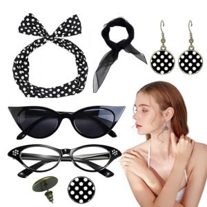 Bandeau &agrave; pois pour femme - Tenue des ann&eacute;es 50 - Avec bandeaux et boucles d'oreilles - Lunettes &oelig;il de chat avec bandeaux &agrave; pois vintage et bandeau pour femme (jierone, neuf)