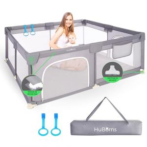 HuBorns - Parc Bebe 120x120 cm avec Maille Respirant et Vue à 360°, Parc Enfant XXL Sûr et Résistant avec Certifié CE, Parc de Jeux Bébé Antidérapant, Parc Bébé Facile à Monter avec 2 Anneaux Inclus (HuBorns, neuf)