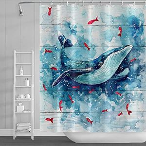 SDOTPMT 180x198 centimètre Baleine Bleue Rideau de Douche pour Les Enfants Monde océanique Mignon Rouge Poisson Hilarant Animal Vague de mer Planche de Bois Rideau de Bain pour Bain avec Crochets (SDOTPMT, neuf)
