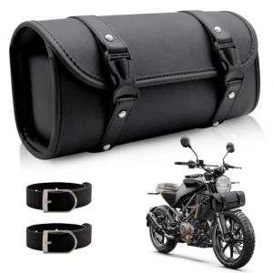 Griwuut Sac Lateral pour Moto en Cuir PU Noir &ndash; Sacoche &Eacute;tanche R&eacute;sistante aux Intemp&eacute;ries, avec 2 Sangles R&eacute;glables Compatible Fourche, Guidon et Cadre (Longueur 29.5cm, Pour Routi&egrave;res, Custom, Trail (Liangji-EU, neuf)