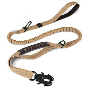 Joytale Laisse Tactique, 1.2m-1.8m Bungee Laisse de Chien réfléchissante avec 2 poignées rembourrées, Ceinture de sécurité de Voiture pour Les Chiens de Taille Moyenne, Grande, X-Grand, Marron Coyote (Joytale Pet, neuf)