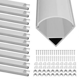 Sonnewelt Lot de 10 profilés LED en aluminium en forme de V - 1 m - Pour bandes LED jusqu'à 11 mm - Avec couvercle, embouts et clips de montage pour bandes LED et rubans LED (Bright-Yu, neuf)