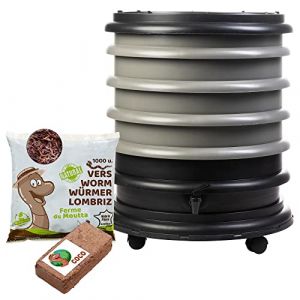 WORMbox | Lombricomposteur 4 Plateaux Gris + 500gr de vers de Compost + 1 Bloc Coco | 64 litres | Compostez Vos déchets organiques, Les vers de Terre/lombrics produisent du lombricompost (Ferme du Moutta, neuf)