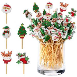 Bekeify 200 Pi&egrave;ces Brochettes Cocktail de No&euml;l 12 CM Brochettes en Bois de Bambou pour Pique Aperitif 5 Styles Pic Brochette Bois B&acirc;tonnets Cocktail Cure-Dents Bois pour Fingerfood Snacks Noel D&eacute;co (WeimaiUS, neuf)