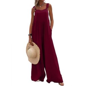 SaiDeng Salopette d'&eacute;t&eacute; pour femme, Pantalon large avec poches &ndash; Combinaison d&eacute;contract&eacute;e et ample pour femmes, sans manches, bretelles r&eacute;glables, fermeture &agrave; boutons, rouge bordeaux, S (YiWuShiLianGeDianZiShangWuShangHang, neuf)