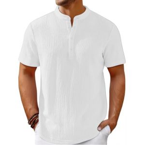 WINKEEY Chemise Homme Henley à Manches Courtes T-Shirt Homme Tunisien Tee Shirt d'été Décontracté, Blanc M (WINKEEY, neuf)