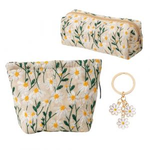 Yuqilin 2 Pi&egrave;ces Trousse Maquillage Femme avec Porte-cl&eacute;s Trousse de Maquillage Femme Disponible en 2 Tailles Pochette Sac Motif Brod&eacute; Marguerite Tissu Polyester pour D&eacute;placements Quotidiens (Beige) (HEJIA EU, neuf)