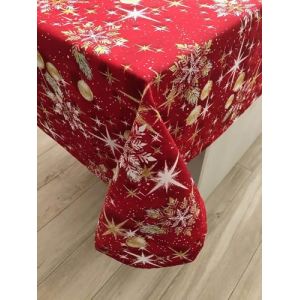 1KDreams Nappe de Noël - Fond rouge boules étoiles et feuilles dorées - Design classique à clé moderne (130 x 240 cm) (1KDreams, neuf)