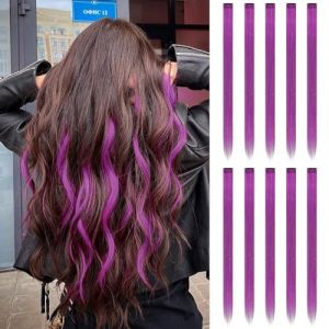 FESHFEN Extension de Cheveux Colorés, Couleur Extensions de Cheveux 10 PCS Naturel Synthétique Raisin Pourpre Postiche Cheveux Long Raides Extensions de Cheveux pour Femmes 55 cm (colorful ＆ easy life, neuf)