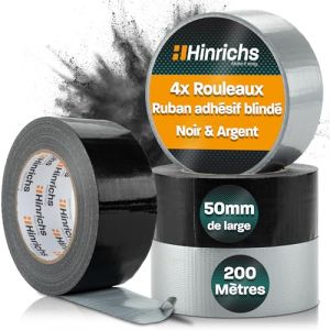 Hinrichs Ruban Adh&eacute;sif Noir et Argent&eacute; &ndash; Lot de 4 Rouleaux de Gros Scotch 50 m x 50 mm &ndash; Scotch Renforc&eacute; Ultra R&eacute;sistant &ndash; Duct Tape Gaffer &Eacute;tanche pour R&eacute;parations et Bricolage Int&eacute;rieur/Ext&eacute;rieur (ILP GmbH, neuf)