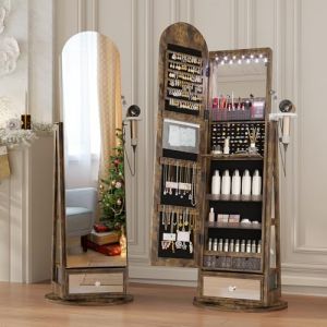 LVSOMT LED Armoire &agrave; bijoux avec Miroir Arqu&eacute;, Rotative &agrave; 360 Armoire Bijoux Miroirs avec &eacute;clairage, Grande Arc Miroirs sur pied avec Rangement de bijoux, Miroir Bijoux Bois Verrouillable, Marron (lvsomt, neuf)