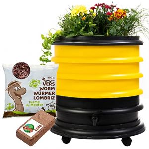 WORMbox | Lombricomposteur 3 Plateaux Jaune + Jardinière + 250gr de vers de Compost + 1 Bloc Coco | 48 litres | Compostez Vos déchets organiques, Les vers de Terre/lombrics/lombricompost (Ferme du Moutta, neuf)