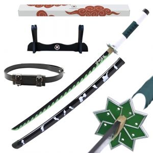 Hashiman - Katana Demon Réplique Manga Sabre + Support Epée Bois + Ceinture - Catana Japonais Cosplay Décoration Jouet Enfant Adulte - Jeu Déguisement Deco Ninja (Sanemi Shinazugawa) (Hashiman, neuf)