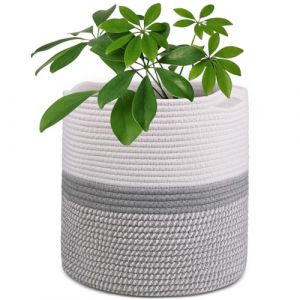 Pot de Fleurs 30 cm pour Plantes d'Intérieur avec Doublure, Panier de Rangement en Coton Tissé Grand Pots pour Plantes d'Intérieur, Organisateur de Lessive et Décoration de la Maison (Blanc Gris) (T&H Store, neuf)