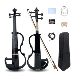 Yinfente Violon électrique 4/4 pleine grandeur silencieux, 4 cordes, accessoires en ébène, pour étudiants, débutants, avec étui, nœud, accoudoir d'épaule, câble colophane, (yinfente-uk, neuf)