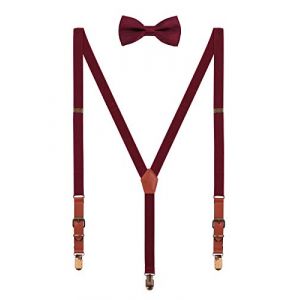 WANYING 2cm Bretelles Nœud Papillon Set pour Femme Homme Retro Y-forme 3 Bronze Clips Bretelles élastique regolabile pour Grandeur 140-190cm - Bordeaux Rouge (WANYING EU, neuf)
