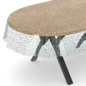ANRO Nappe en toile cir&eacute;e transparente - Film de protection de table - Motif imprim&eacute; - Terrazo - Ovale - 140 x 160 cm - Bord coup&eacute; (anrotradegmbh, neuf)