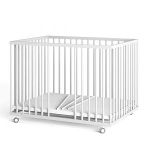 Sämann® Parc pour bébé 75 x 100 cm avec matelas et barreaux escamotables, hauteur réglable en continu, parc pour bébé, hêtre, roulettes caoutchoutées, hêtre laqué blanc (Sämann Handels GmbH, neuf)