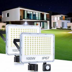 TASINUO Projecteur LED Ext&eacute;rieur avec D&eacute;tecteur 100W 2 Pi&egrave;ce, 10000LM 6500K Spot LED Ext&eacute;rieur Detecteur de Mouvement, IP67 Etanche Eclairage Exterieur avec Detecteur pour Jardin, Patio, Garage (JUPAIEU, neuf)